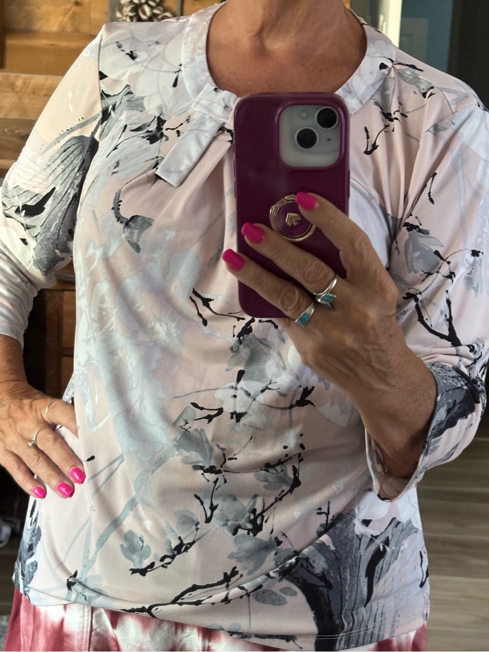 Karl Lagerfeld Pink Floral Pleat-Neck Blouse